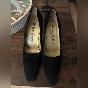 Yves Saint Laurent Black Suede Pointed Pumps with Gold Insole